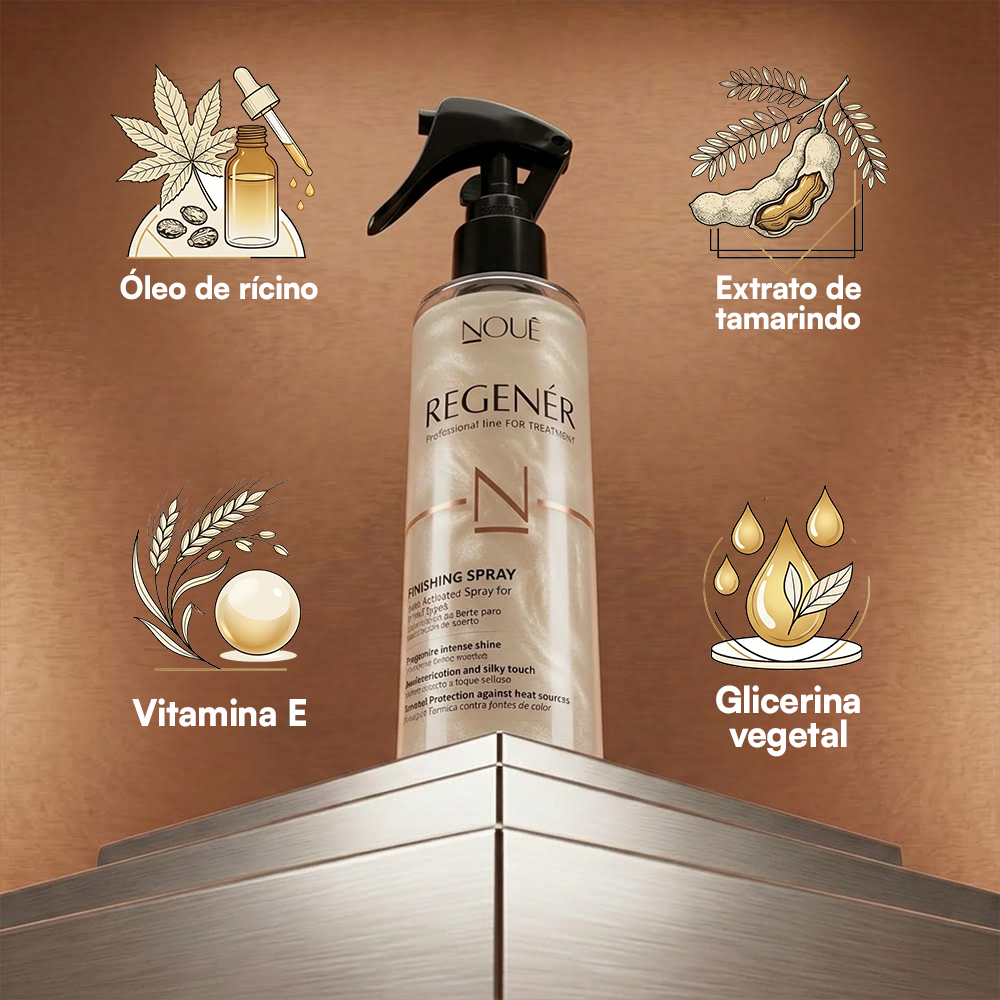 Finalizador Protetor Térmico Spray Regenér com óleo de rícino, extrato de tamarindo, vitamina E e glicerina vegetal