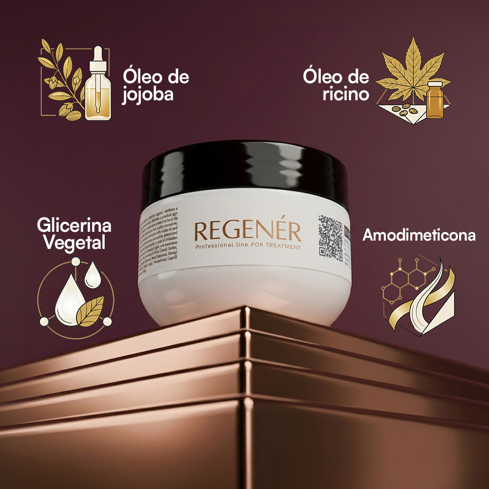 Máscara Nutrição Intensiva Regenér 250g com óleo de jojoba, óleo de rícino, glicerina vegetal e amodimeticona