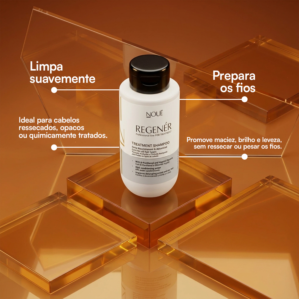 Shampoo Nutritivo Regenér 250ml: limpa suavemente e prepara os fios, com maciez, brilho e leveza sem pesar