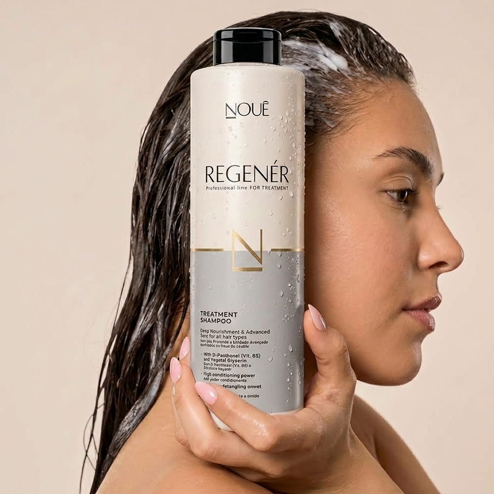 Mulher com os cabelos ensaboados segurando o Shampoo Nutritivo Regenér 1L