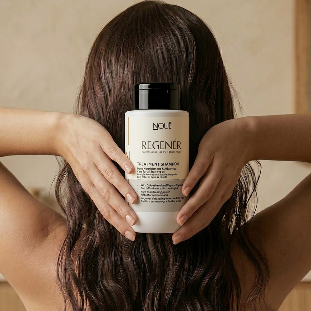Mulher segurando o Shampoo Nutritivo Regenér 250ml junto aos cabelos