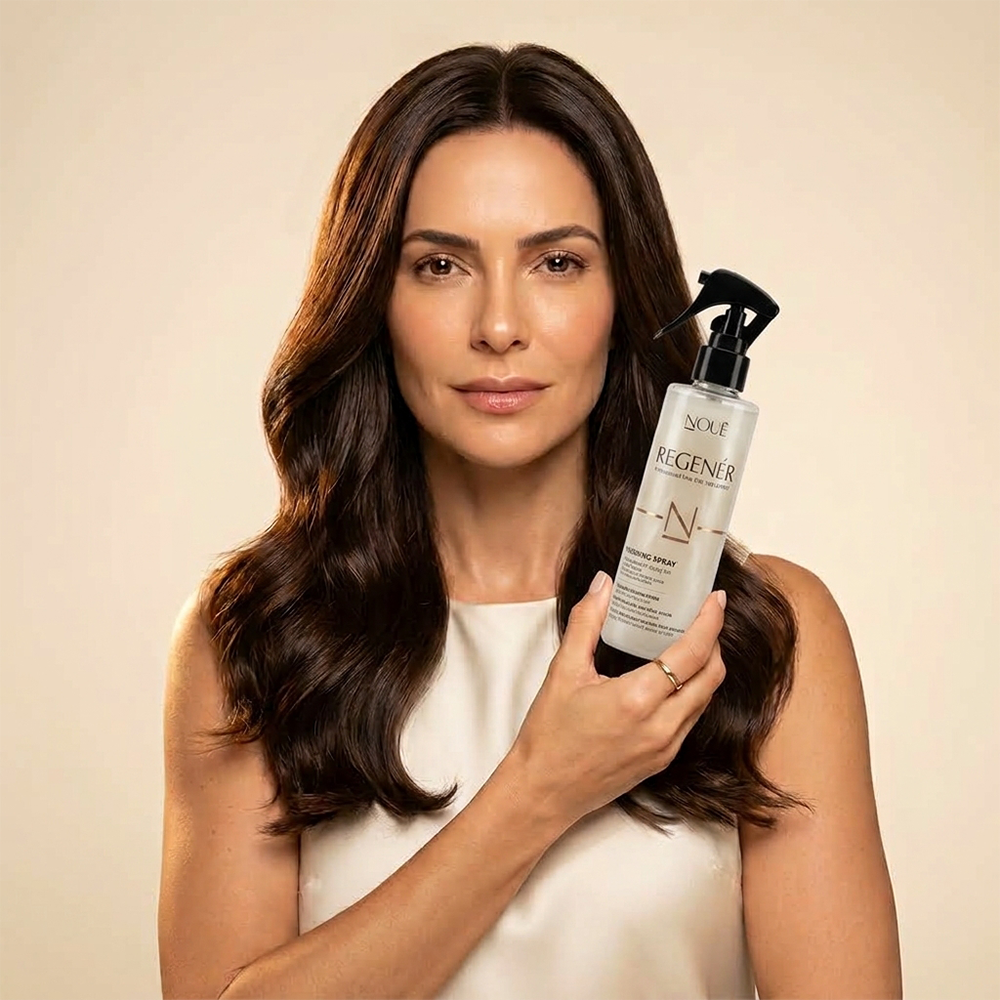 Mulher de cabelos longos segurando o Finalizador Protetor Térmico Spray Regenér
