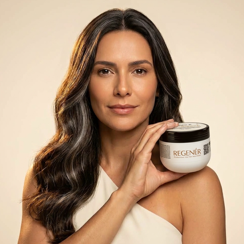 Mulher de cabelos longos segurando a Máscara Nutrição Intensiva Regenér 250g