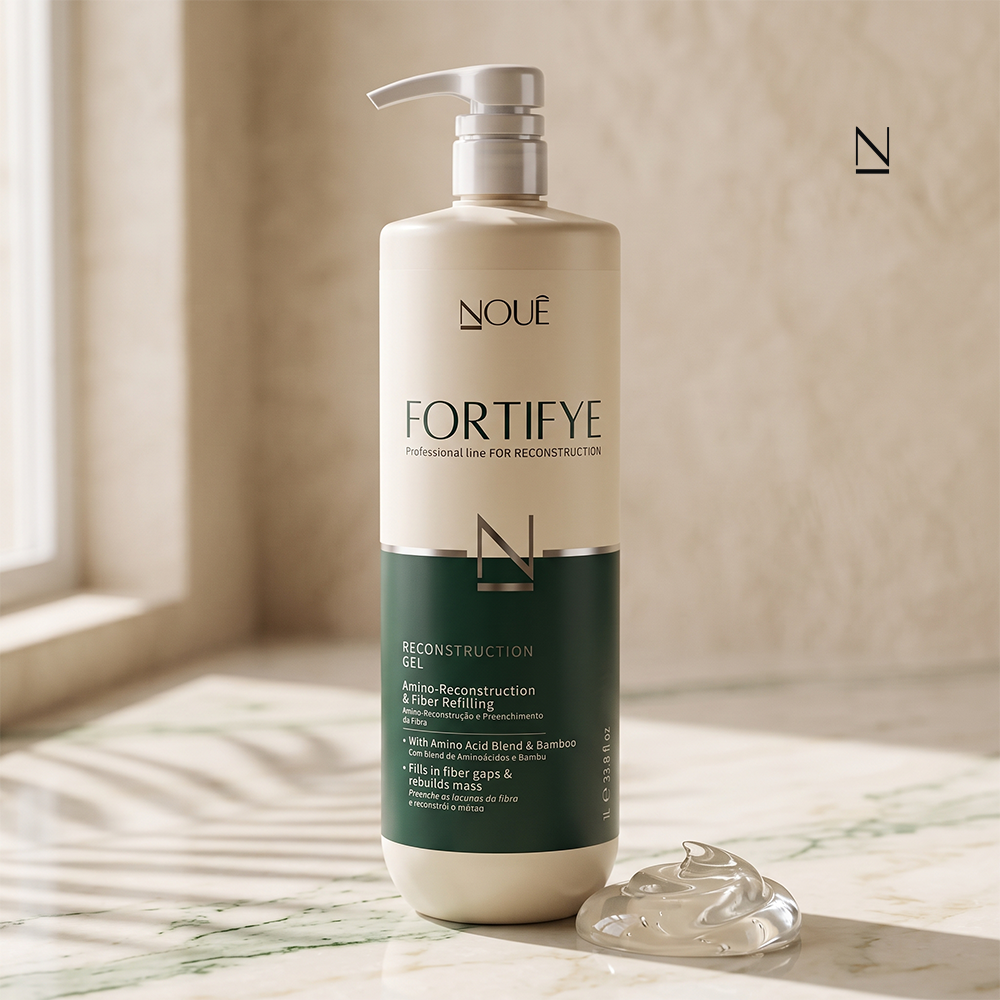 Gel Reconstrutor Fortifye 1L sobre a bancada, com o gel transparente ao lado