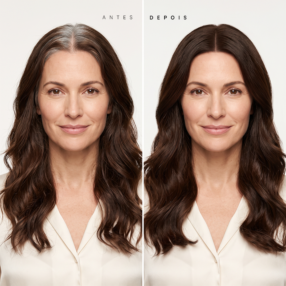 Antes e depois do Camuflage Touch Castanho Escuro na raiz