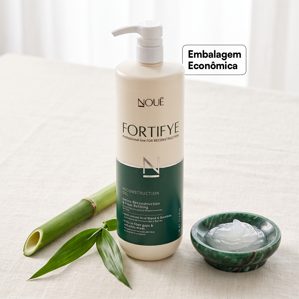 Gel Reconstrutor Fortifye 1L, embalagem economica, com bambu e o gel na cumbuca
