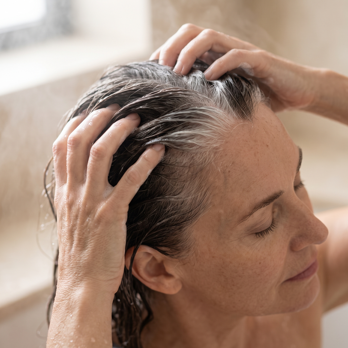 Mulher de cabelo grisalho lavando os fios com o Shampoo Pré Camuflage