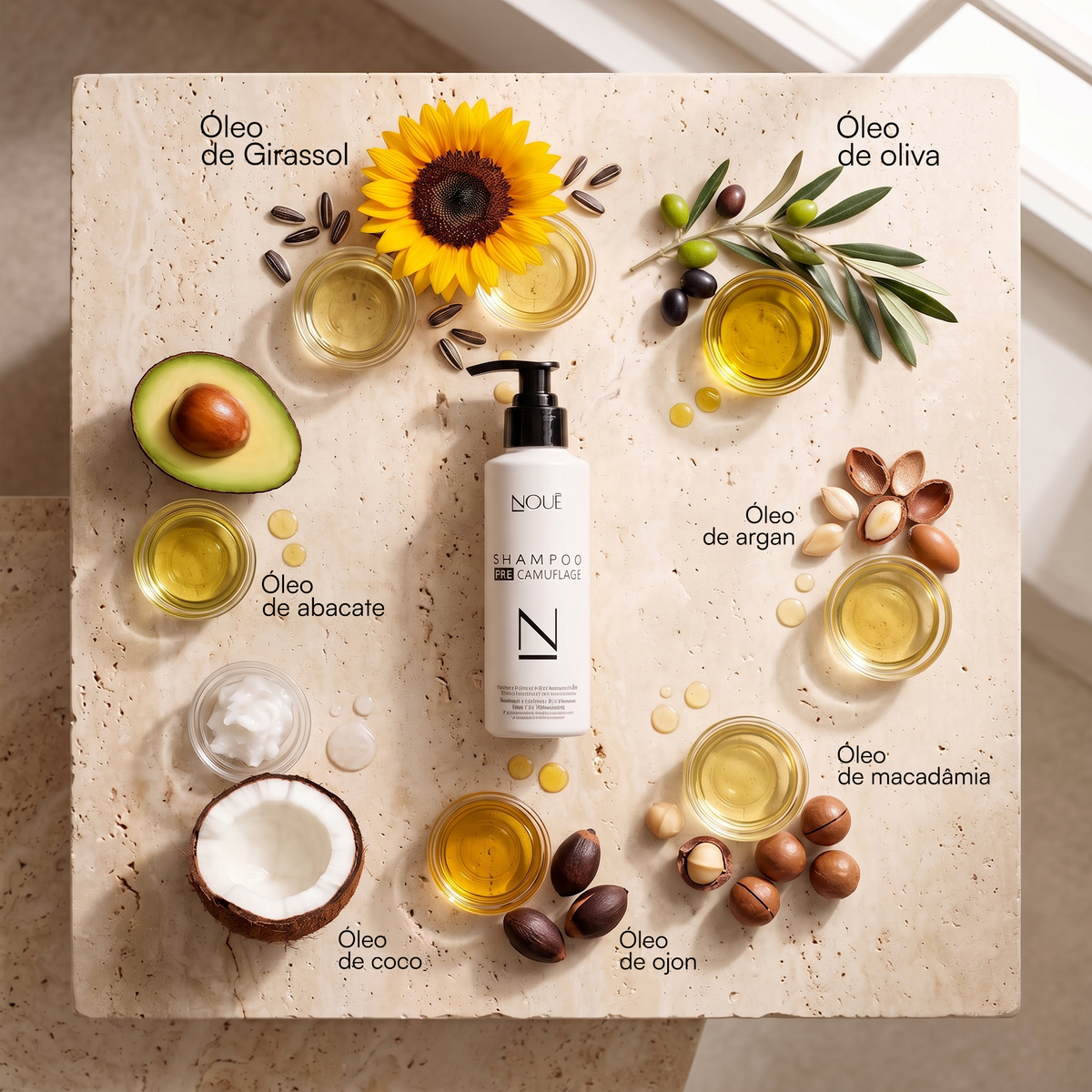 Os 7 óleos do Shampoo Pré Camuflage: girassol, oliva, abacate, argan, coco, ojon e macadâmia