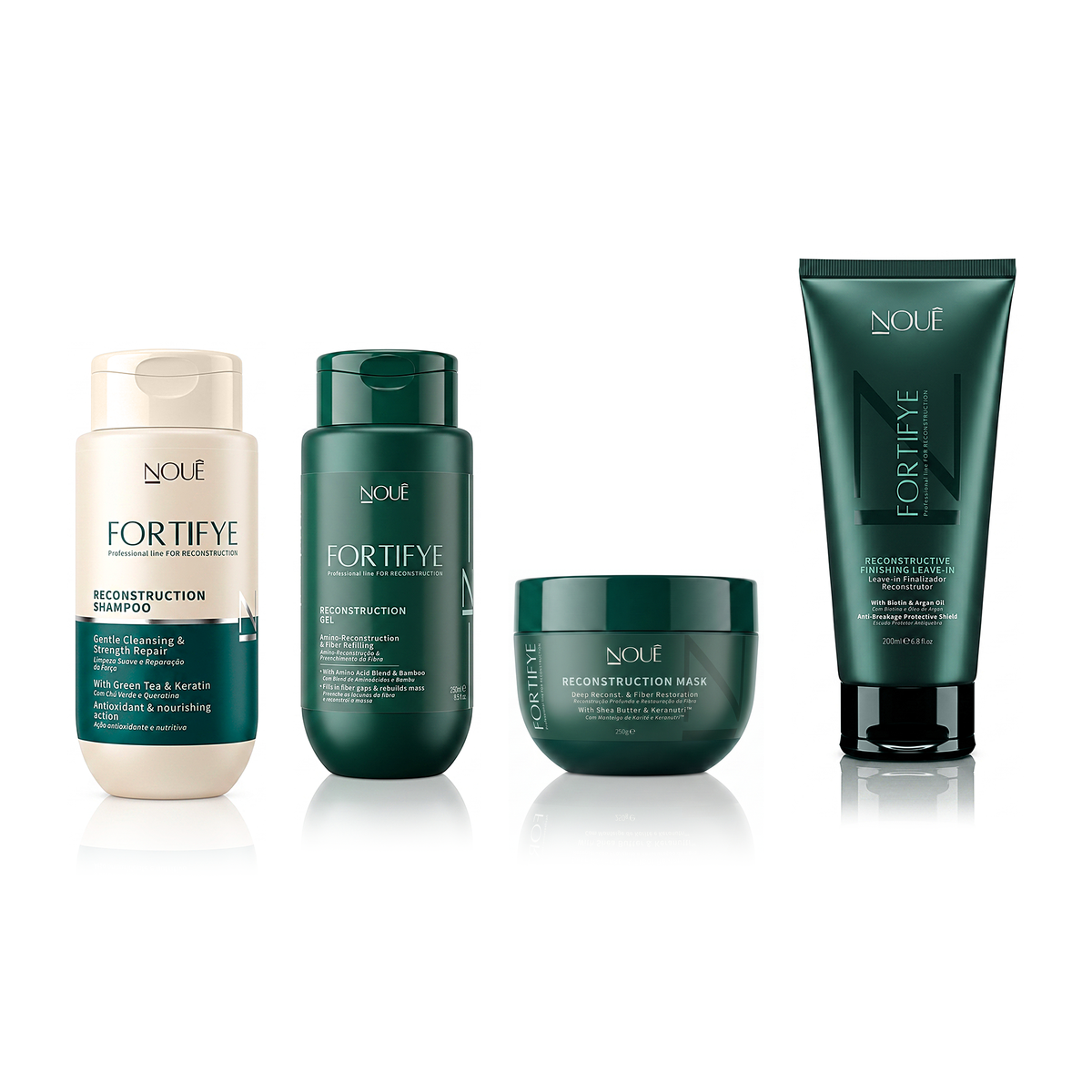 Kit Reconstrução Completa Fortifye: Shampoo Reconstrutor Fortifye 250ml, Gel Reconstrutor Fortifye 250ml, Máscara Reconstrutora Fortifye 250g, Leave-in Finalizador Fortifye 200ml