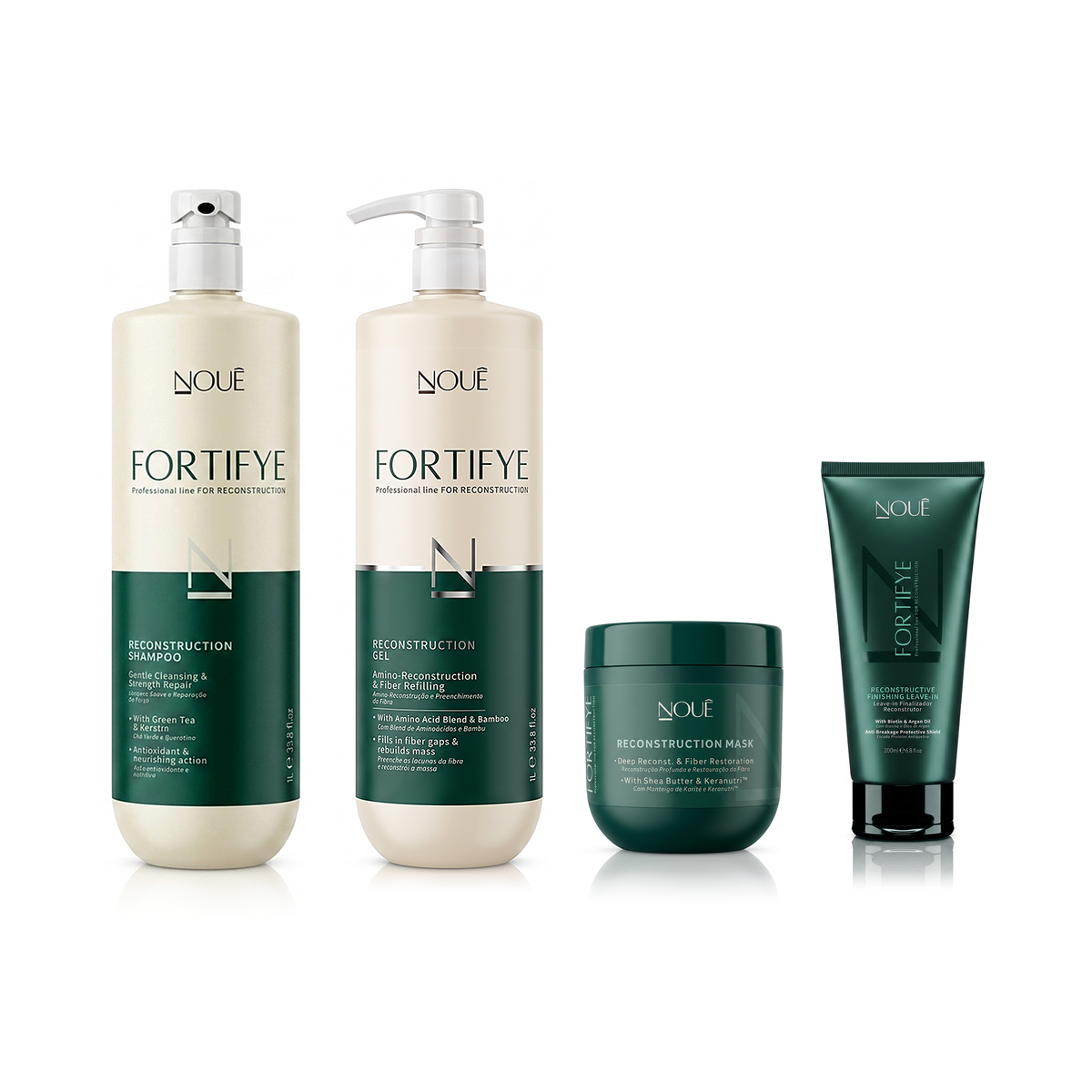 Kit Fortifye Profissional: Shampoo Reconstrutor Fortifye 1L, com pump, Gel Reconstrutor Fortifye 1L, com pump, Máscara Reconstrutora Fortifye 500g, Leave-in Finalizador Fortifye 200ml