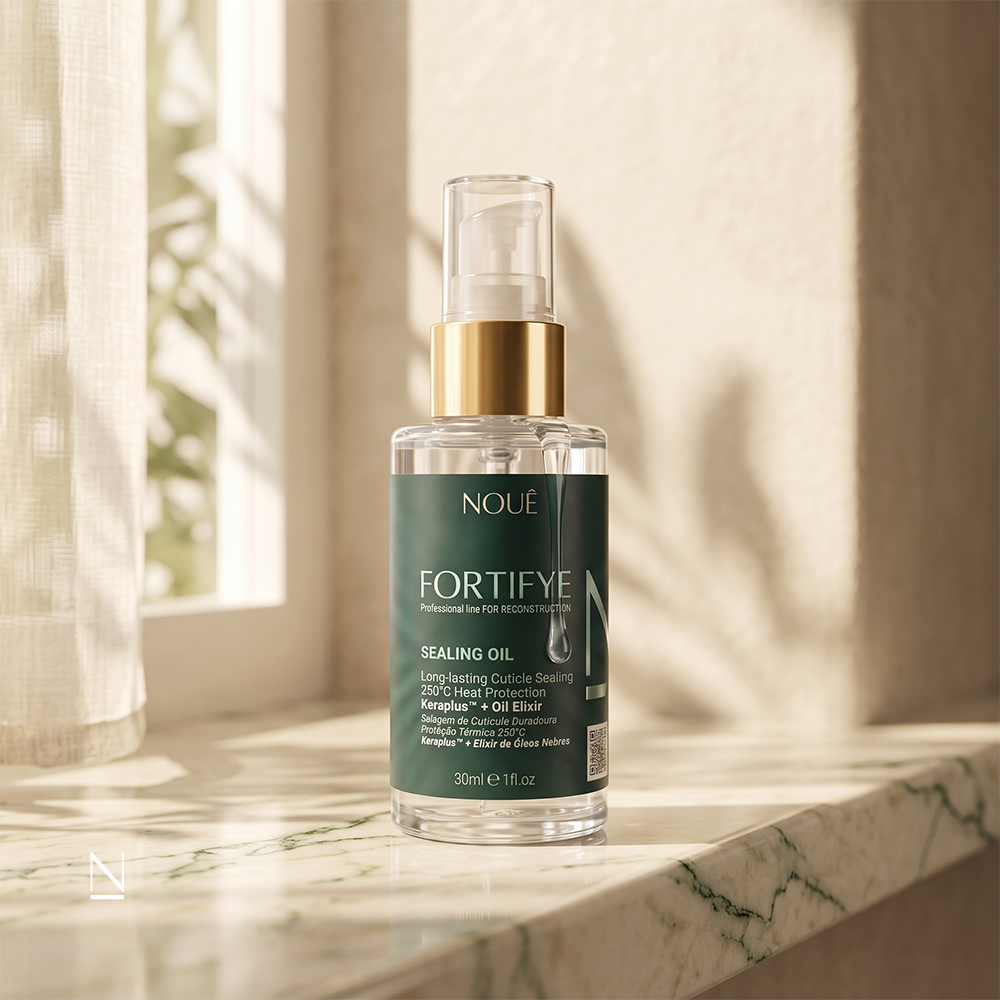 Sealing Oil Fortifye 30ml sobre a bancada de marmore, na luz da janela