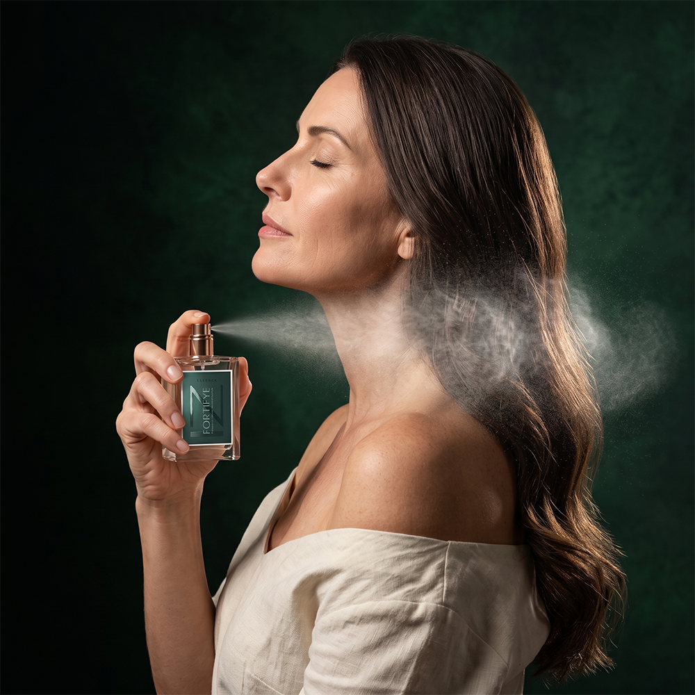 Mulher borrifando o Hair Perfume Fortifye nos cabelos