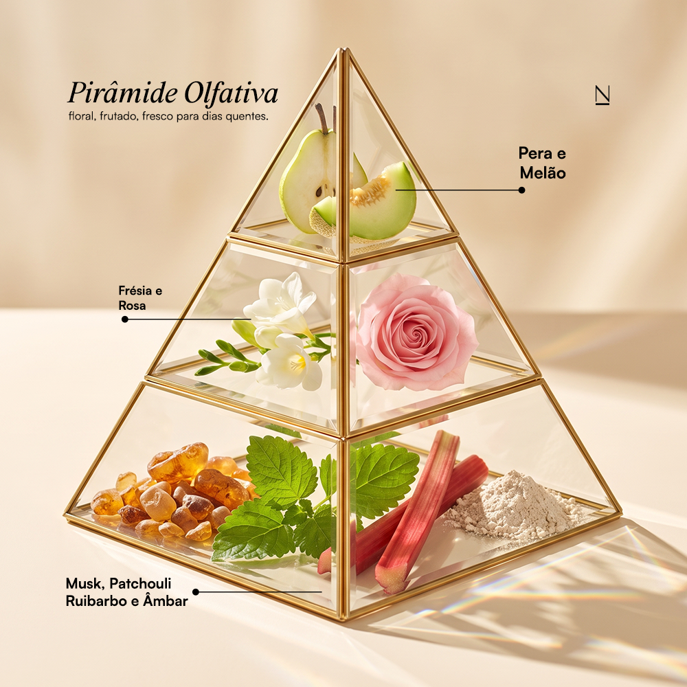 Pirâmide olfativa do Hair Perfume Fortifye: pera e melão, frésia e rosa, musk, patchouli, ruibarbo e âmbar