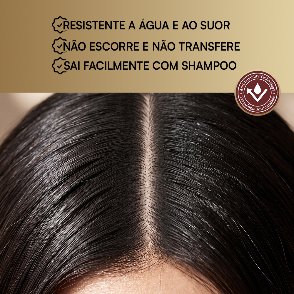 Raiz coberta com o Camuflage Touch Preto: resistente a agua e ao suor, nao transfere, sai com shampoo