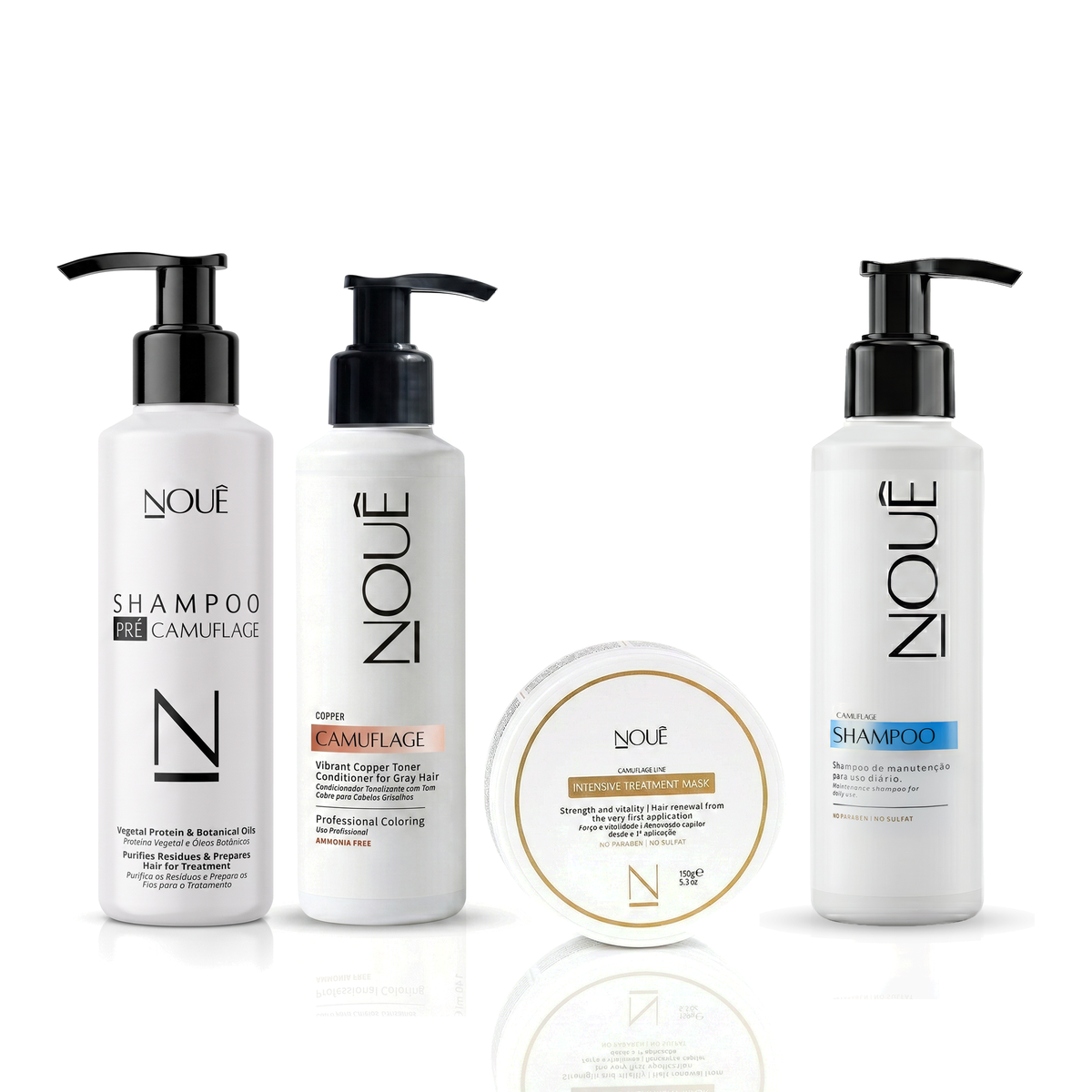 Kit Tratamento Pré e Pós Copper: Shampoo Pré, Camuflage Copper, Máscara Camuflage e Shampoo Pós Nouê