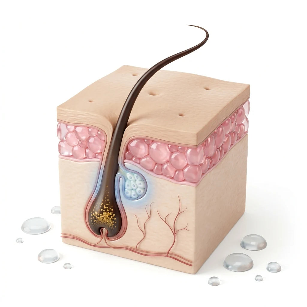 Cubo de pele em corte: bulge, bulbo e haste