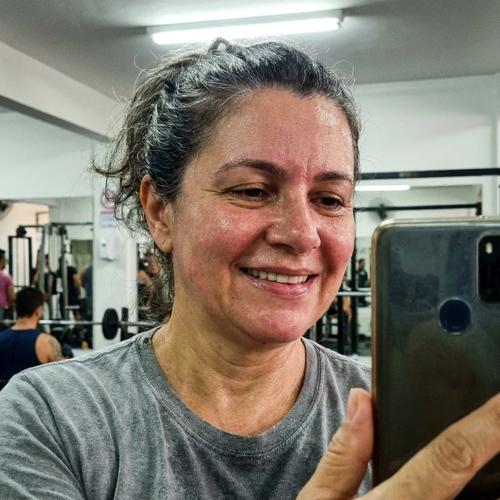 Cláudia, 53 anos, sorrindo com cabelo grisalho natural